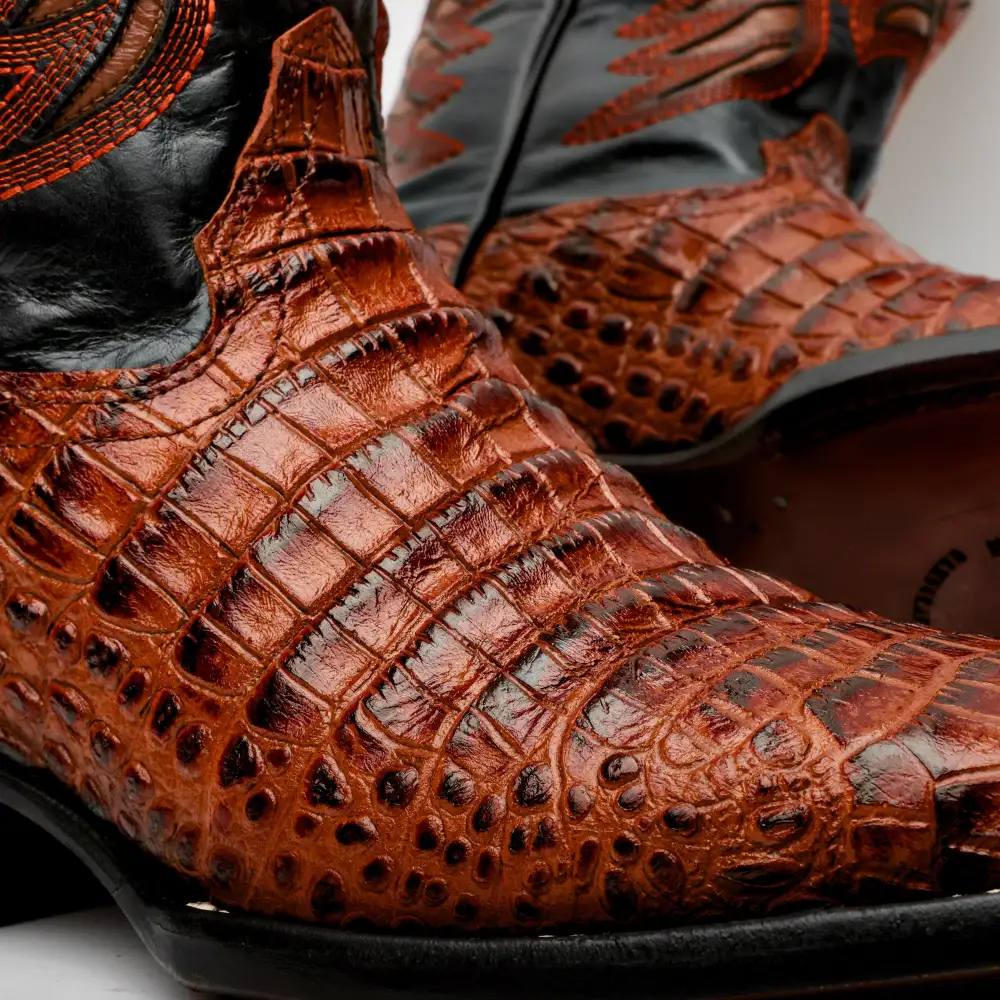 Cognac Caiman Belly Leather Boots - Square Toe