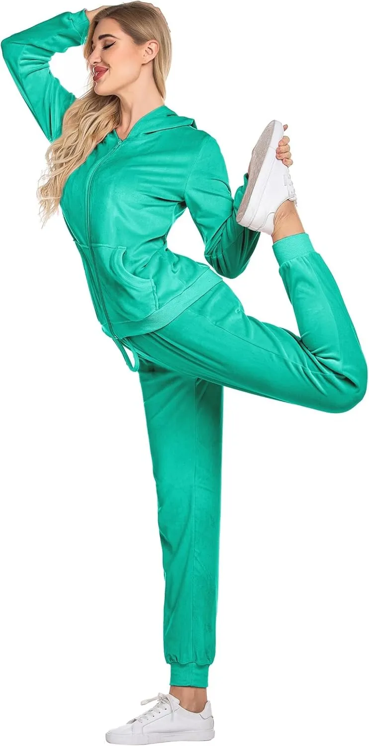 Women's Casual Velour Tracksuit Set Full Zipper Hoodie