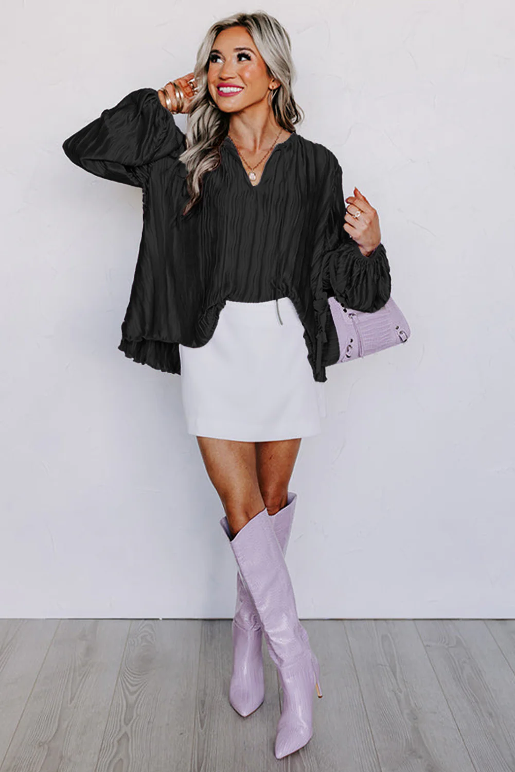 Textured Bubble Sleeve V Neck Loose Blouse