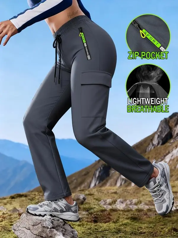 Women's Heavy-Duty Cargo Pants with Multi-Zipper Pockets & Neon Green Accents