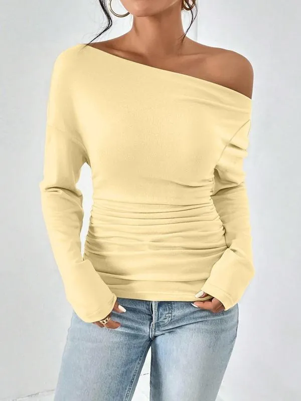 Women's Plain Ruched Asymmetrical Neck Drop Shoulder Tee