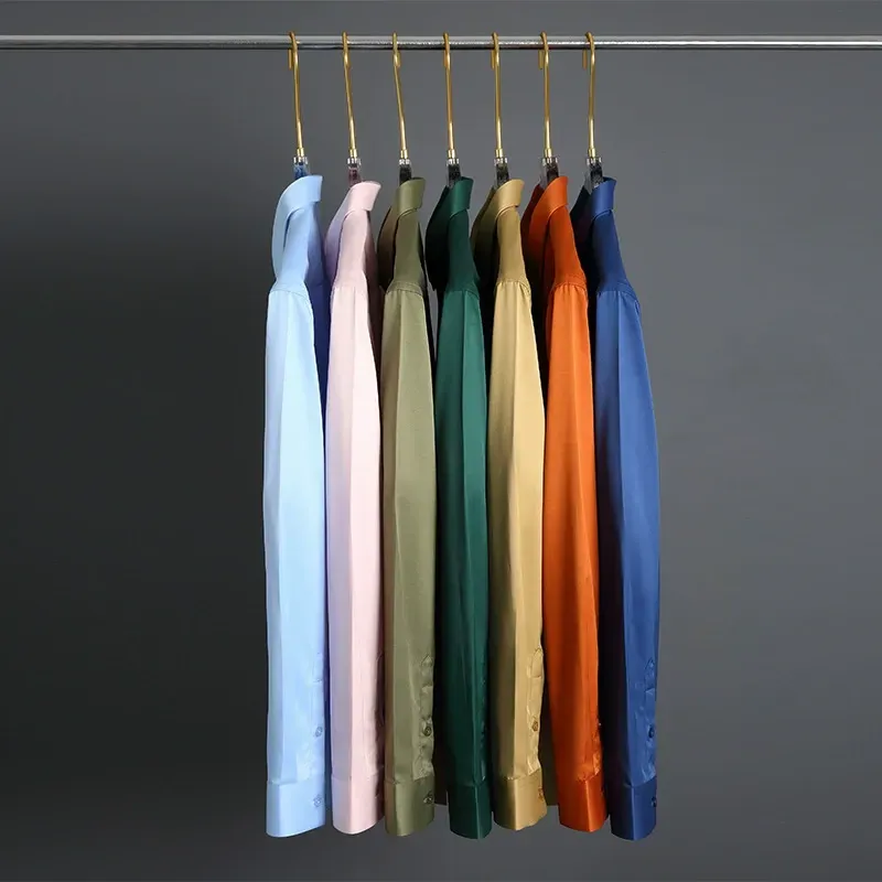 2025 New Elastic Silk White Shirt Men'S Long Sleeve Iron-Free Solid Color Breathable Casual Slim Business Men'S Shirt