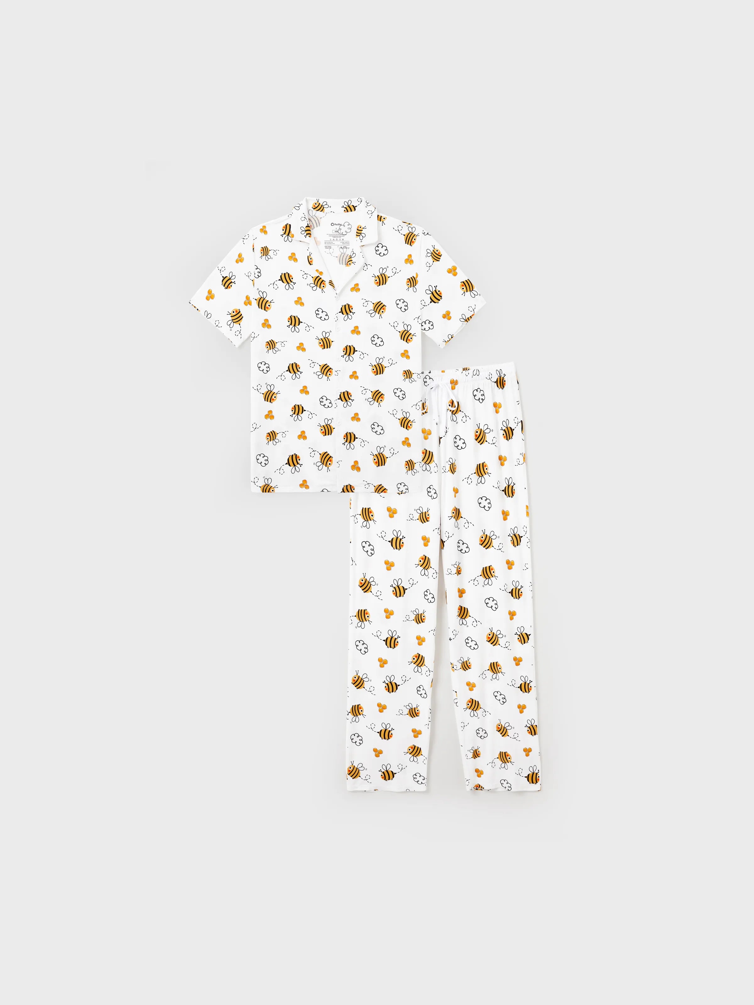 Family Matching Bamboo Pajamas Soft Bamboo Viscose PJs for Men Women Kids Toddler, Cute Bee Print Sleepwear with Short Sleeve Top and Long Pants White