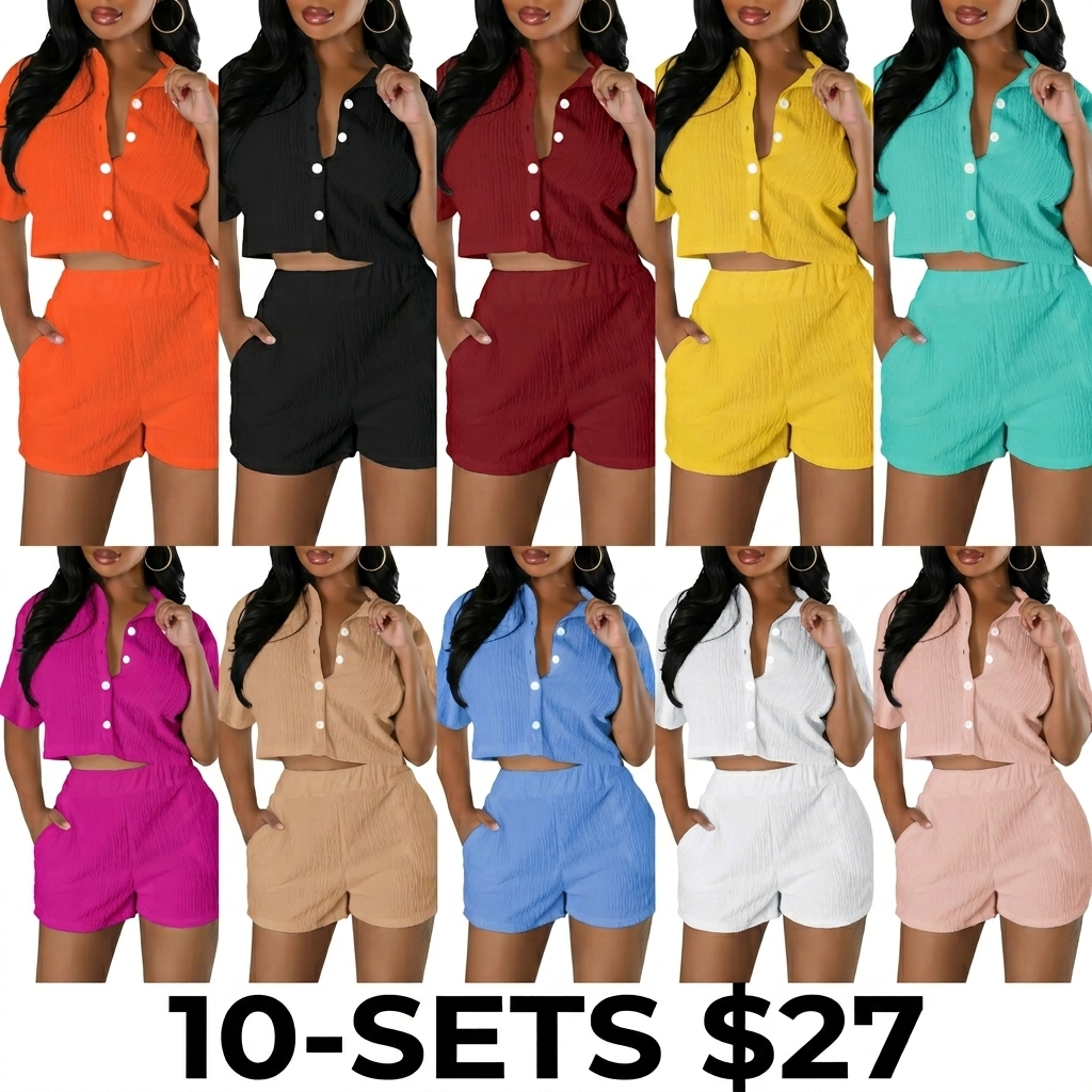 Women's 2-Piece Textured Button Front Shirt & Elastic Waist Shorts Set