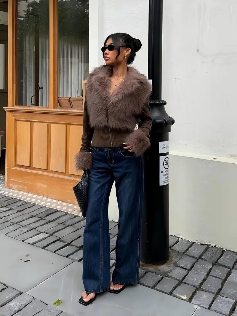 Women's Fashion Street Style Patchwork Knit Faux Fur Jacket