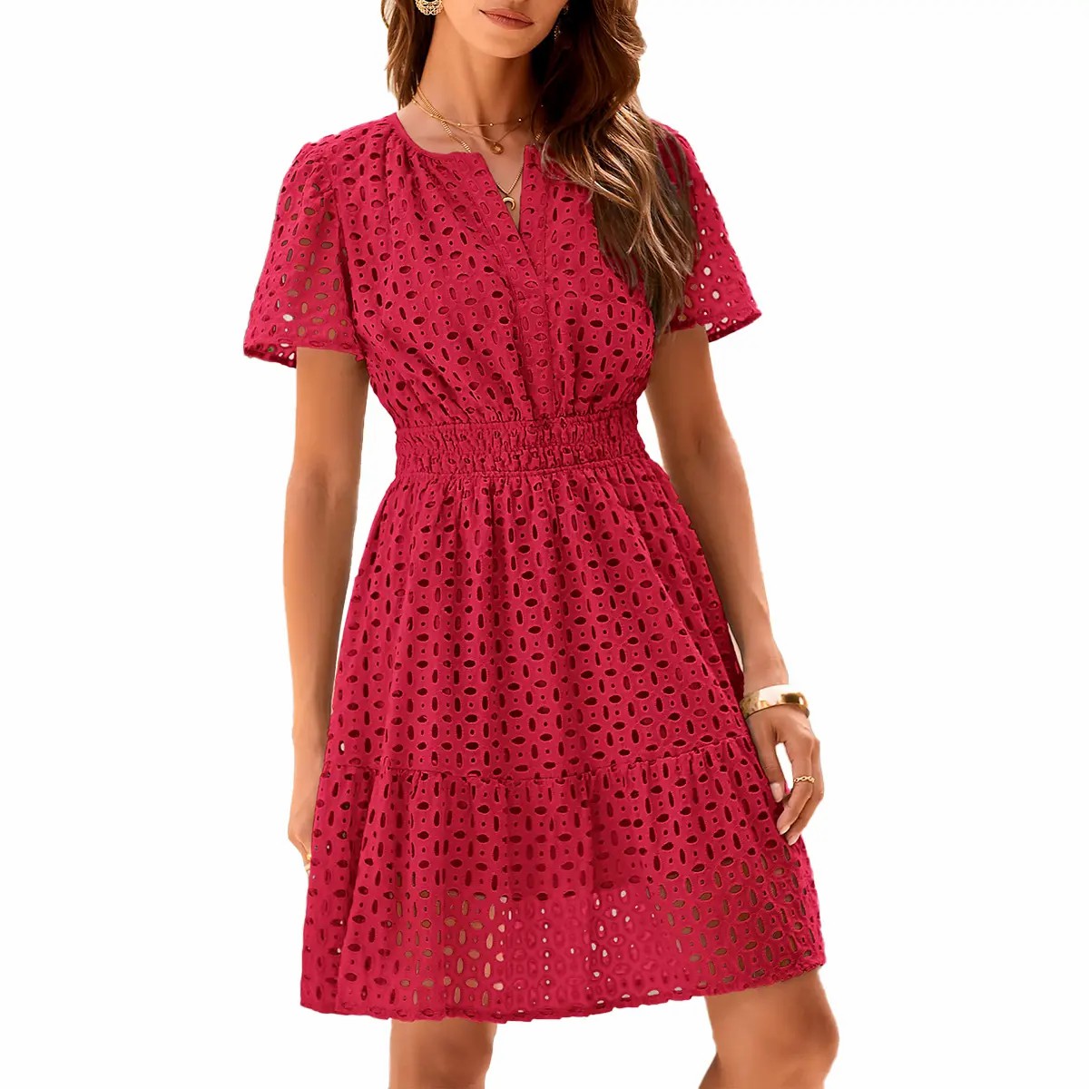 Women’s Eyelet Lace A-Line Summer Dress – V-Neck Ruffle Casual Mini Dress