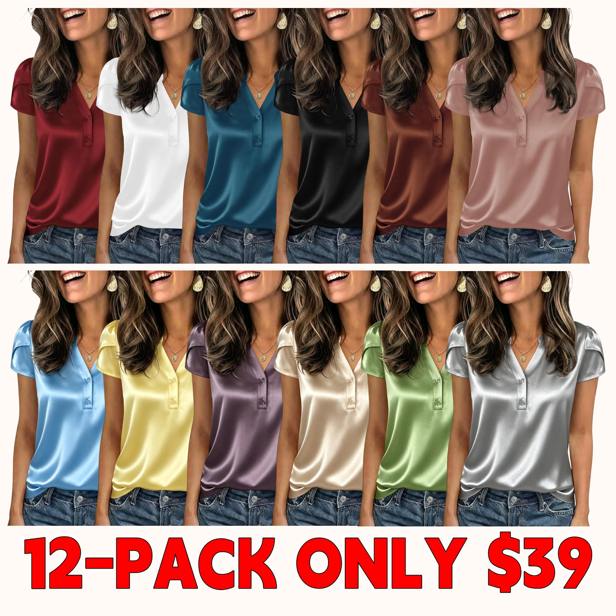 Women's satin shirt, business casual top, short-sleeved V-neck button-down shirt