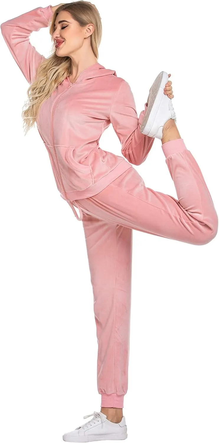 Women's Casual Velour Tracksuit Set Full Zipper Hoodie