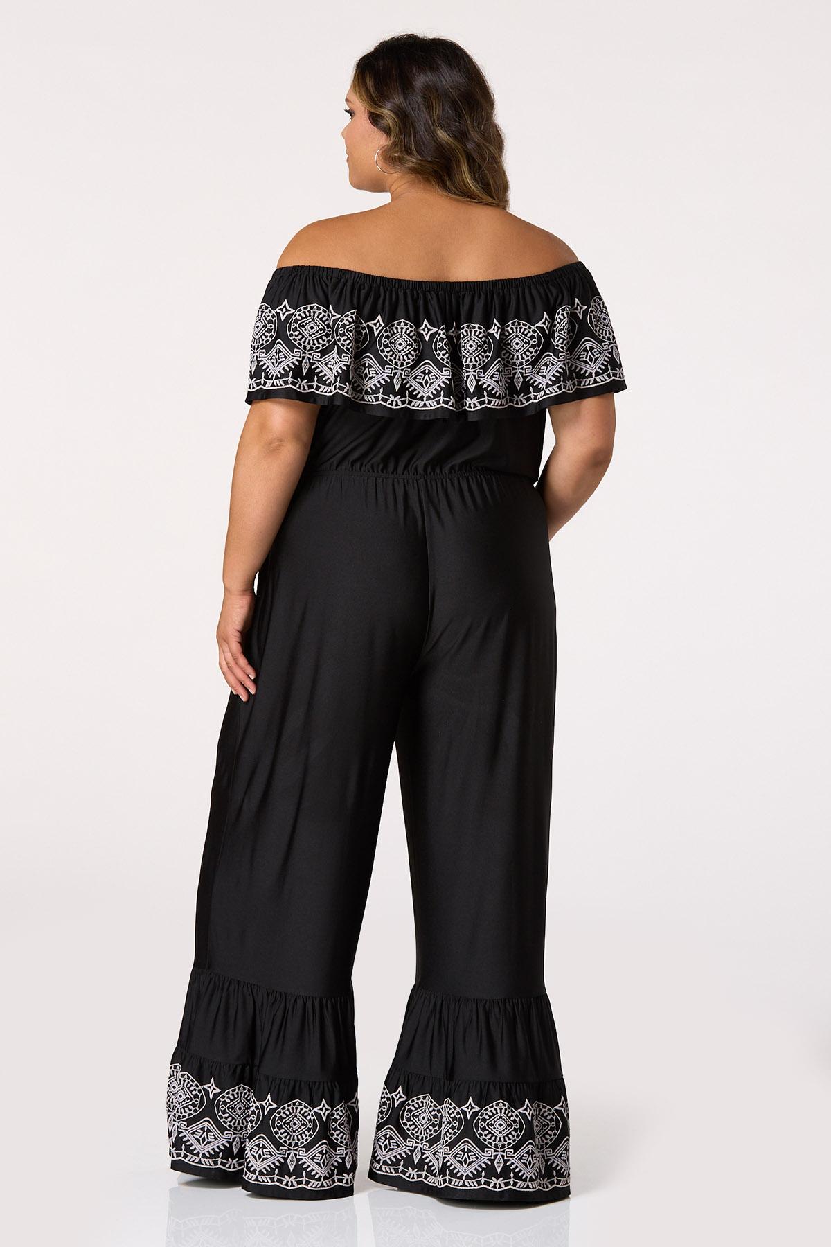 Plus Size Flounced Off Shoulder Embroidered Jumpsuit