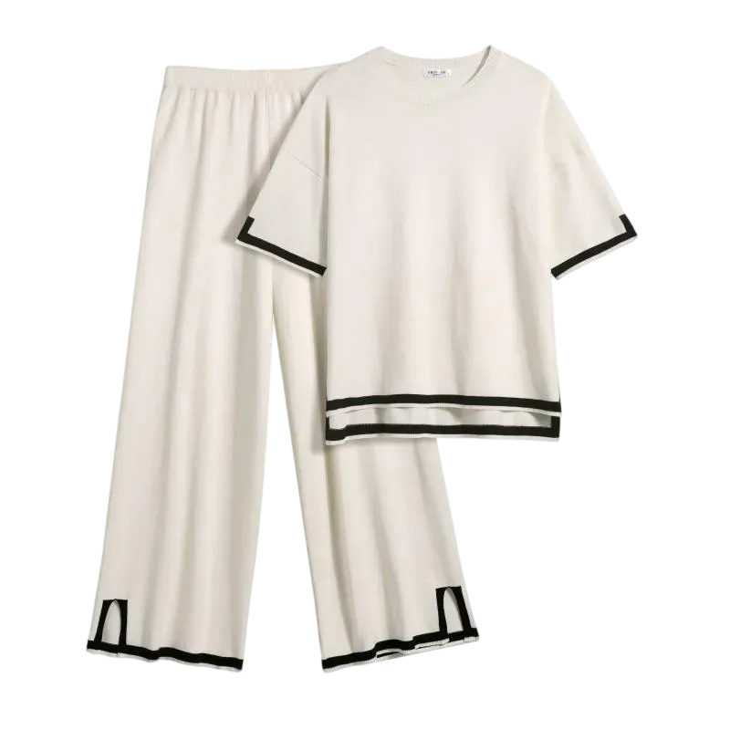 Women’s 2-Piece Knit Lounge Set – Short Sleeve Top & Wide-Leg Pants