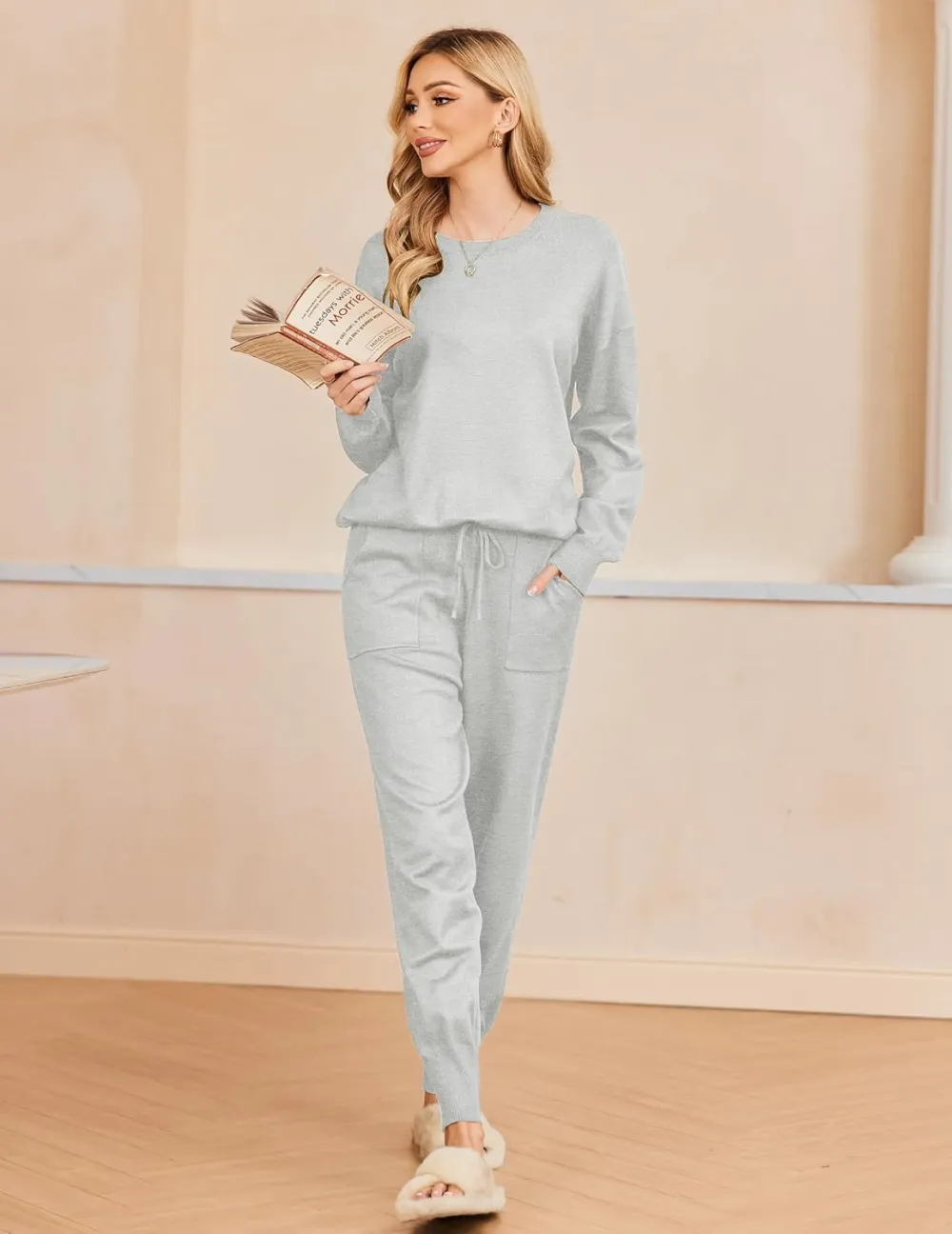 Women's Long Sleeve Knit Loungewear Set Jogger Pants Outfit