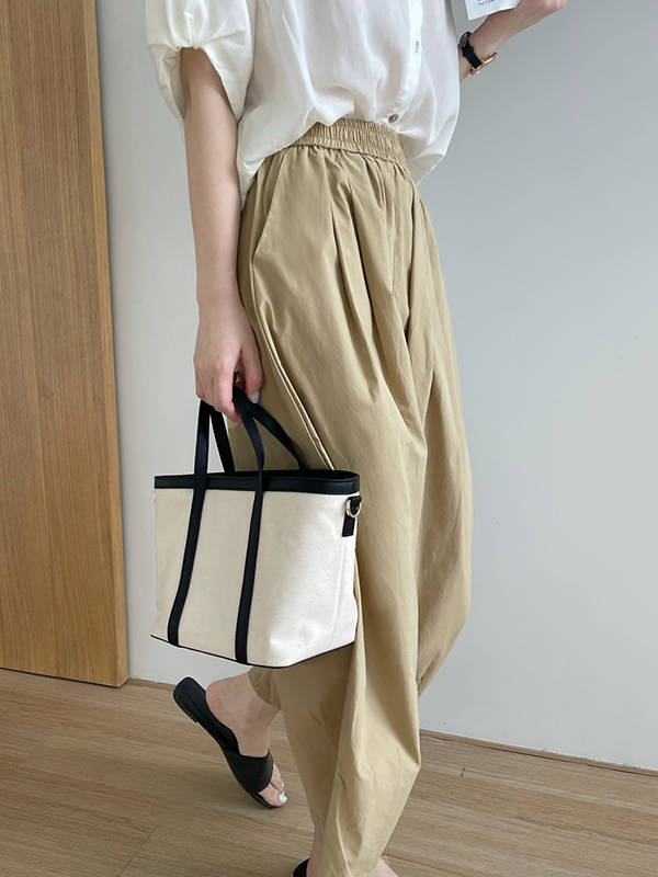 Elasticity Pleated Solid Color Split-Joint High Waisted Loose Trousers Pants