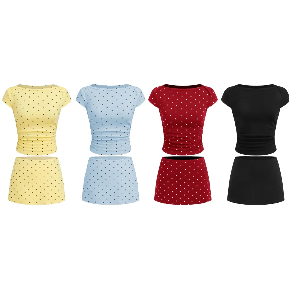 Cotton-Blend Polka Dot Boat Neck Tee & Mini Skort Set