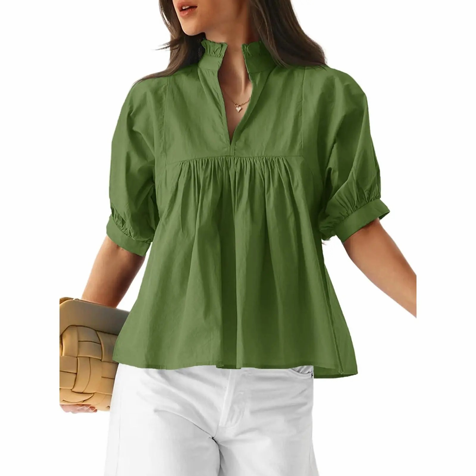 Women's V Neck Puff Sleeve Blouse – Babydoll Peplum Loose Fit Top