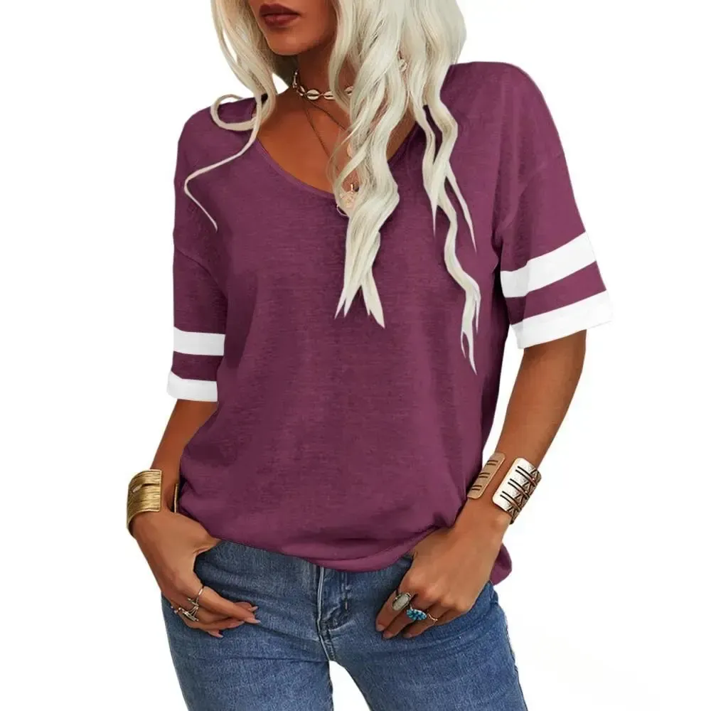 Women Soft V Neck Tshirt Half Sleeve Lightweight Solid Color Loose Fit Minimalist Top