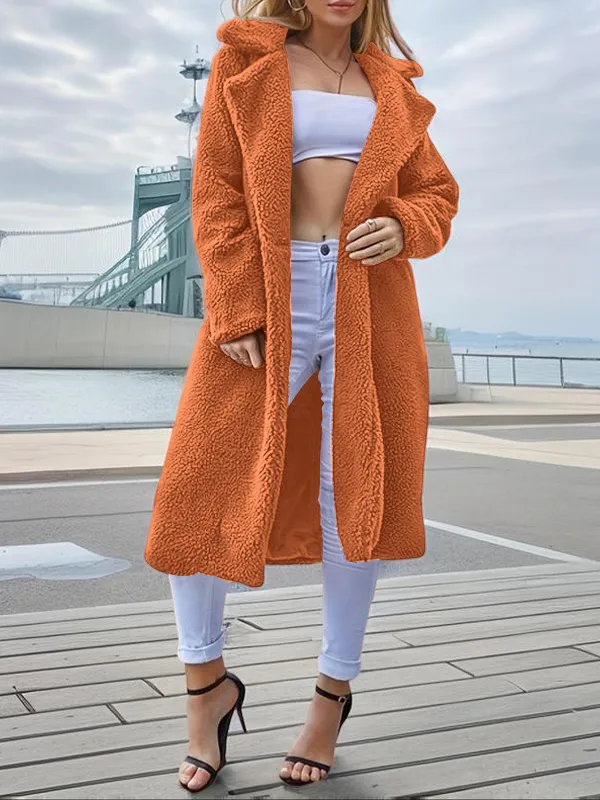 Women's Plain Pocket Button Front Faux Fur Coat