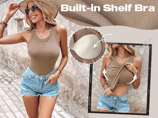 Seamless Ribbed Built-In Bra Racerback Tank Top for Women