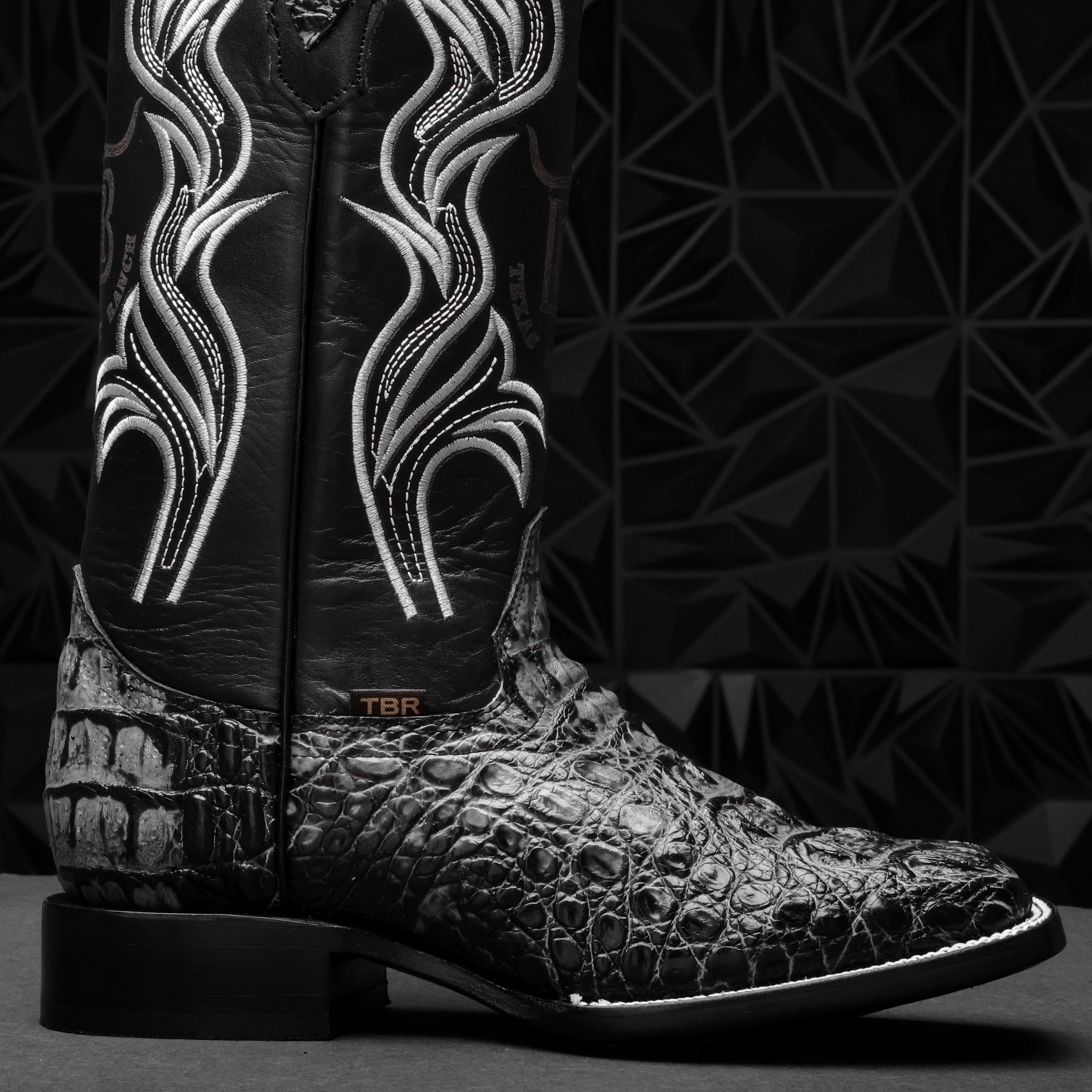 Grey Caiman Neck Leather Boots - Square Toe