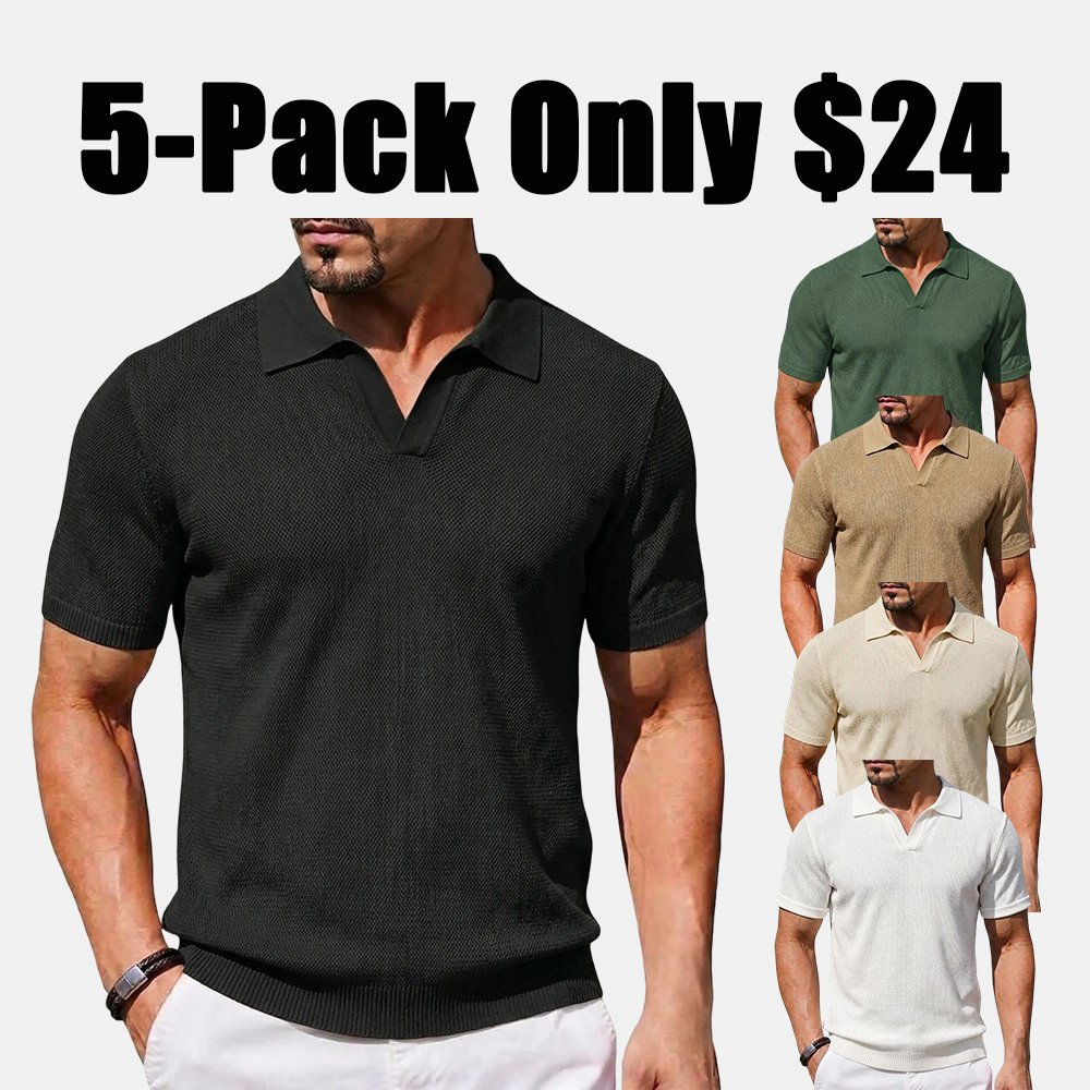 2026 Men's V Neck Short Sleeve Stretch Knit Polo Shirt