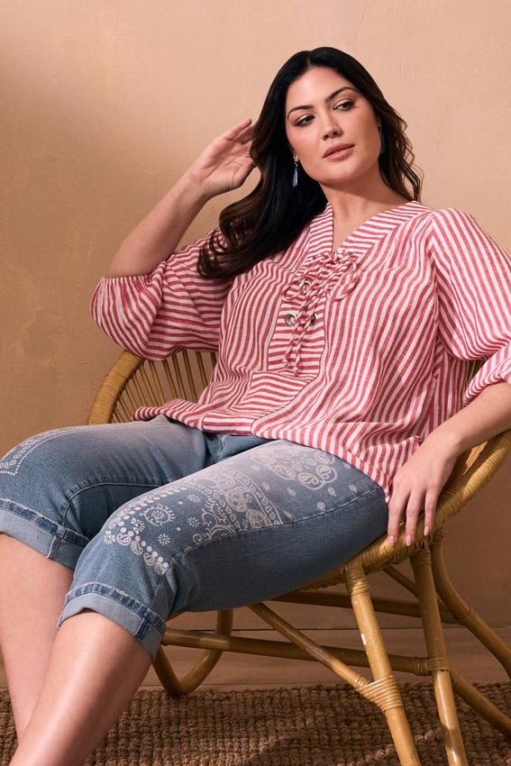 Plus Size Stripe Grommet Lace Up Top