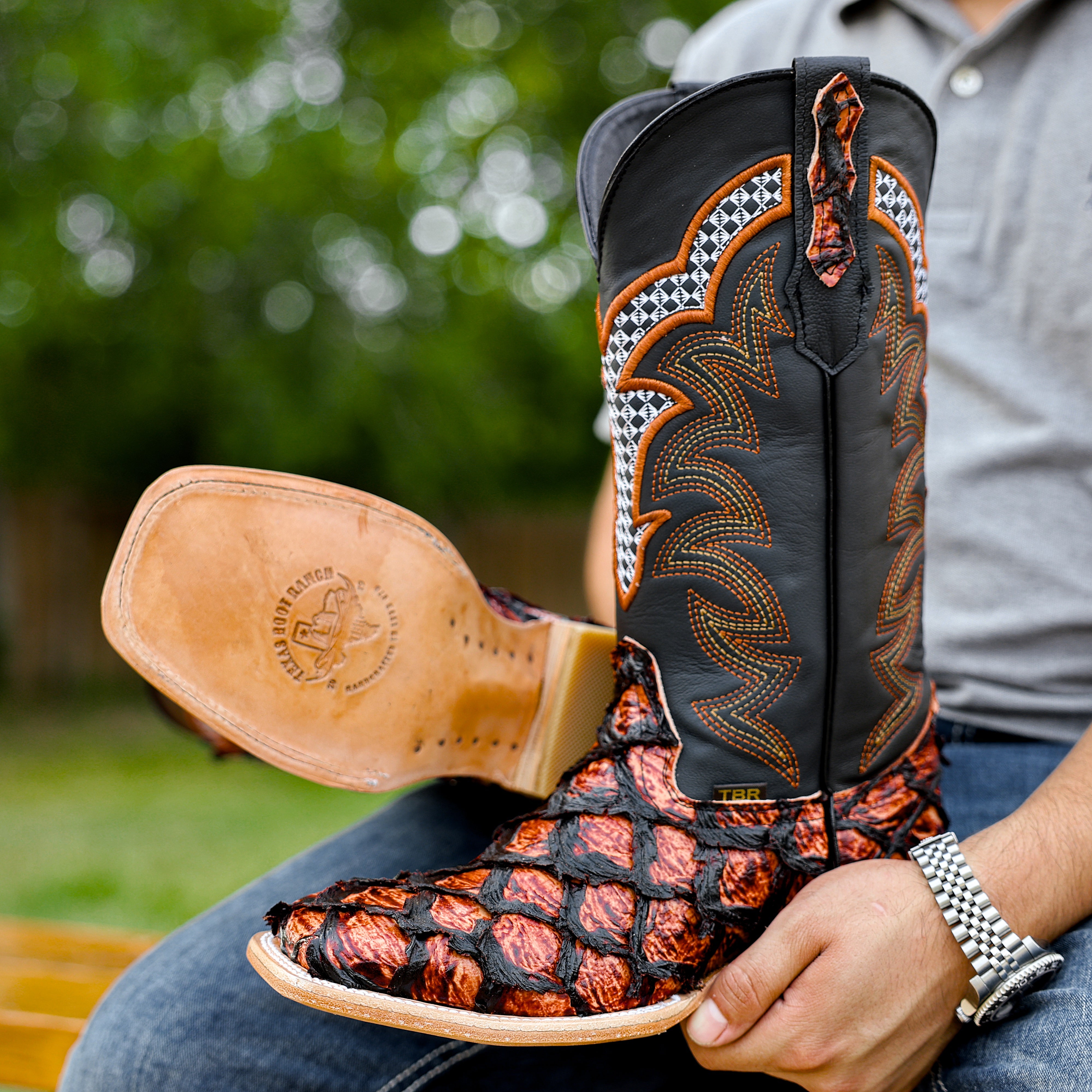 Cognac Jumbo Pirarucu Leather Boots - Square Toe