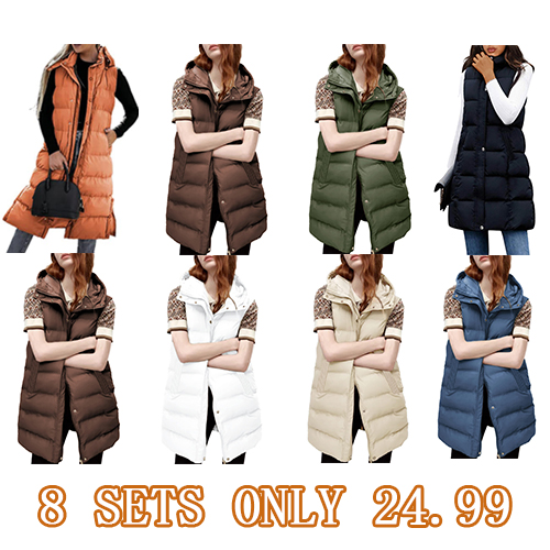 Women's Long Puffer Vest Casual Sleeveless Puffer Jacket with Removable Hood Sets