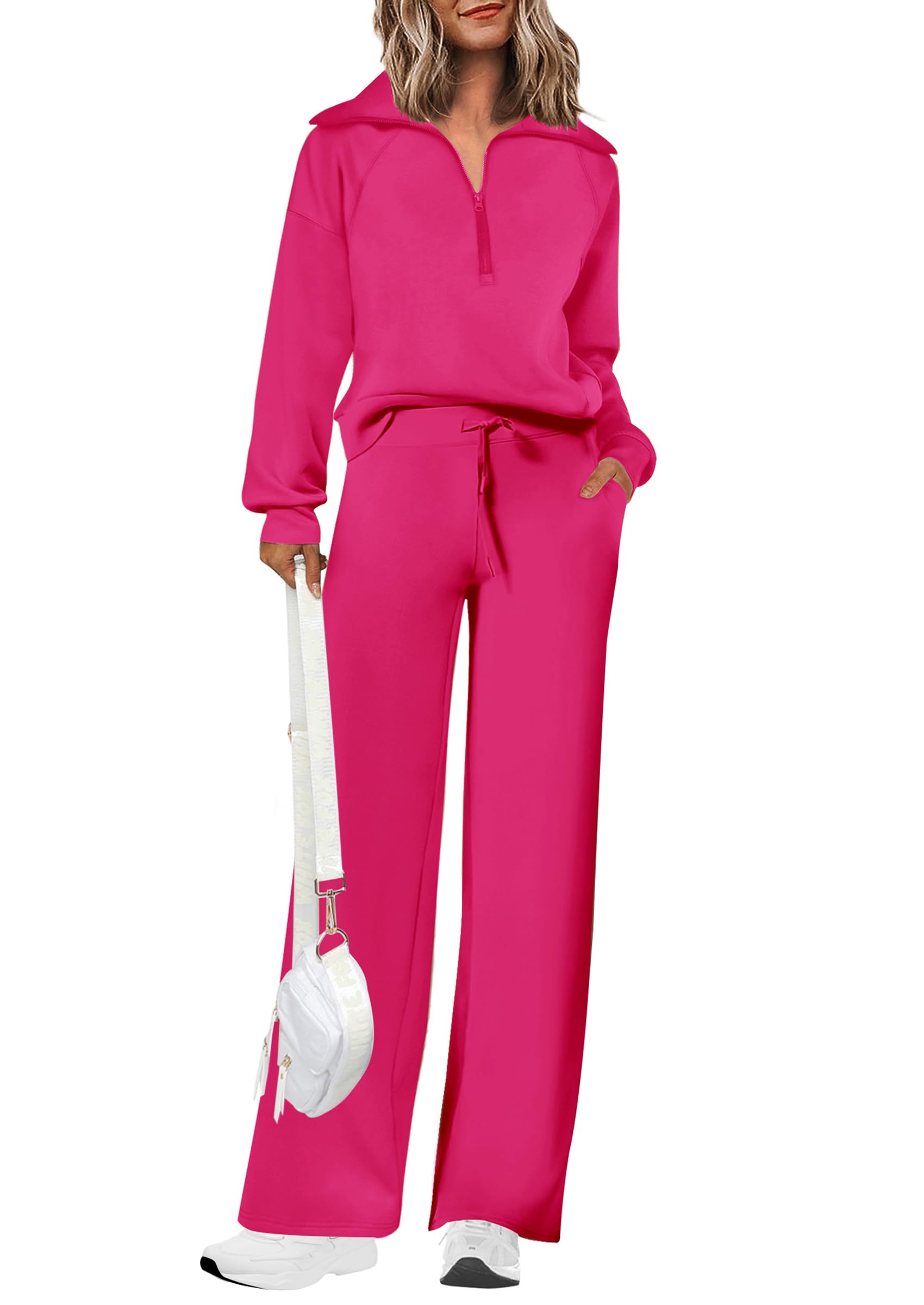Women's Cotton Two-Piece Outfits Lapel Half-Zip Sweatshirt Wide Leg Sweatpants Casual Suit