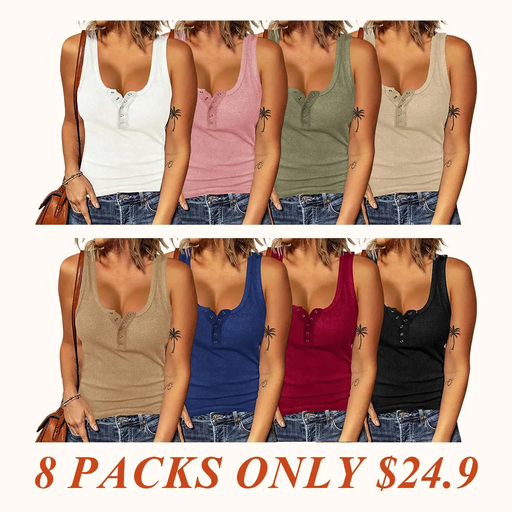 Women's Summer Vest Ribbed Tank Tops Crew Neck Button Down Sleeveless Tunic Blouse