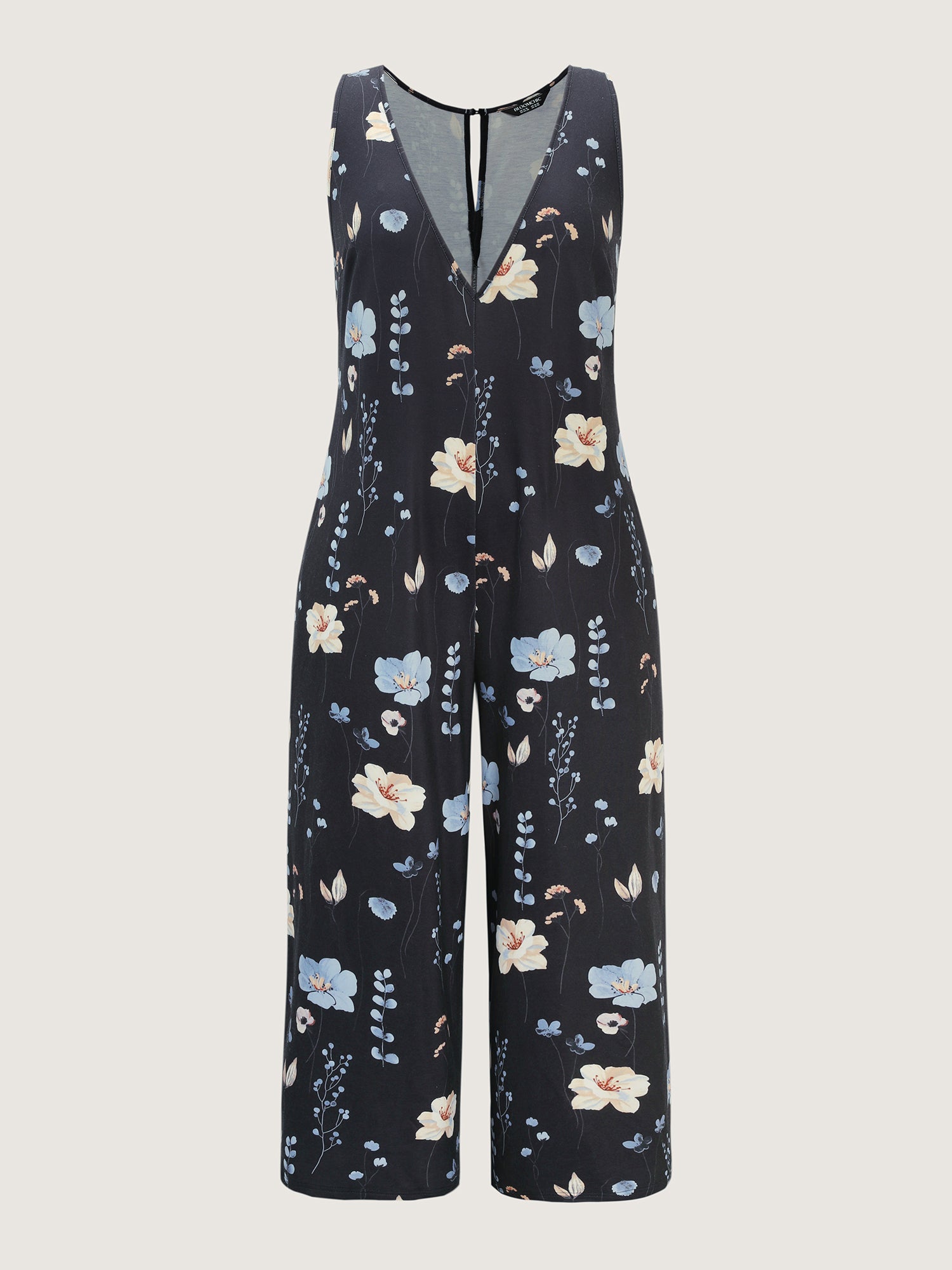 Stretchy Floral Print V-Neck Jumpsuit