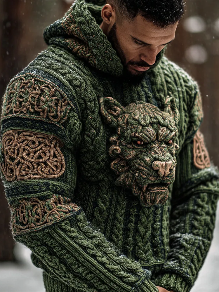 Viking Monster & Celtic Knot Men's Hooded Knit Sweater