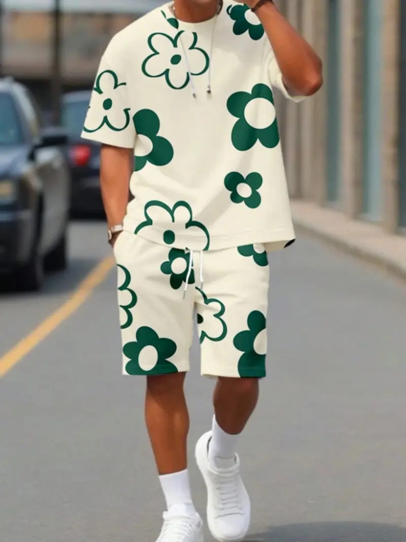 Men’s 3D Printed Fitted Short Sleeve & Shorts Summer Set