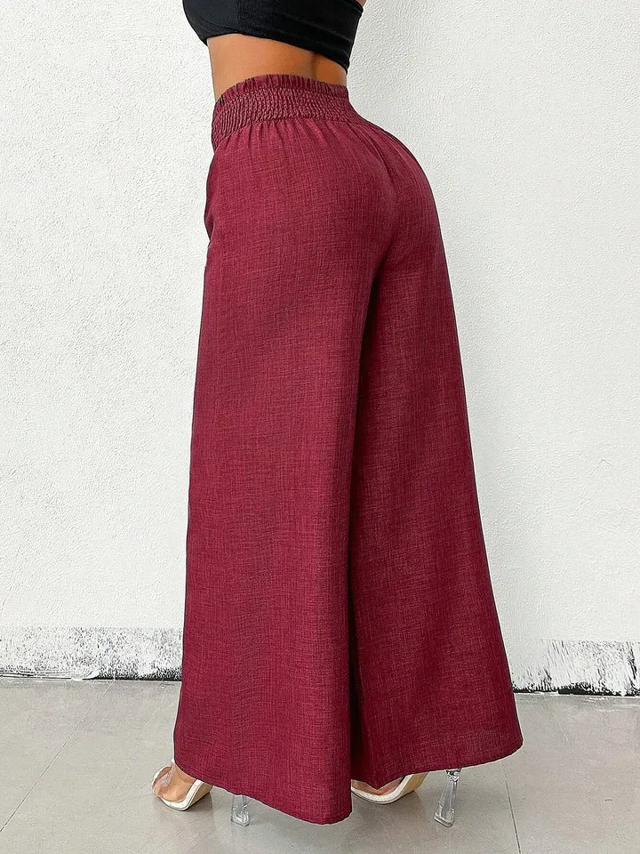 Women's Solid Color High-Waisted Pants, Stretchable Loose-Fitting Wide-Leg Trousers