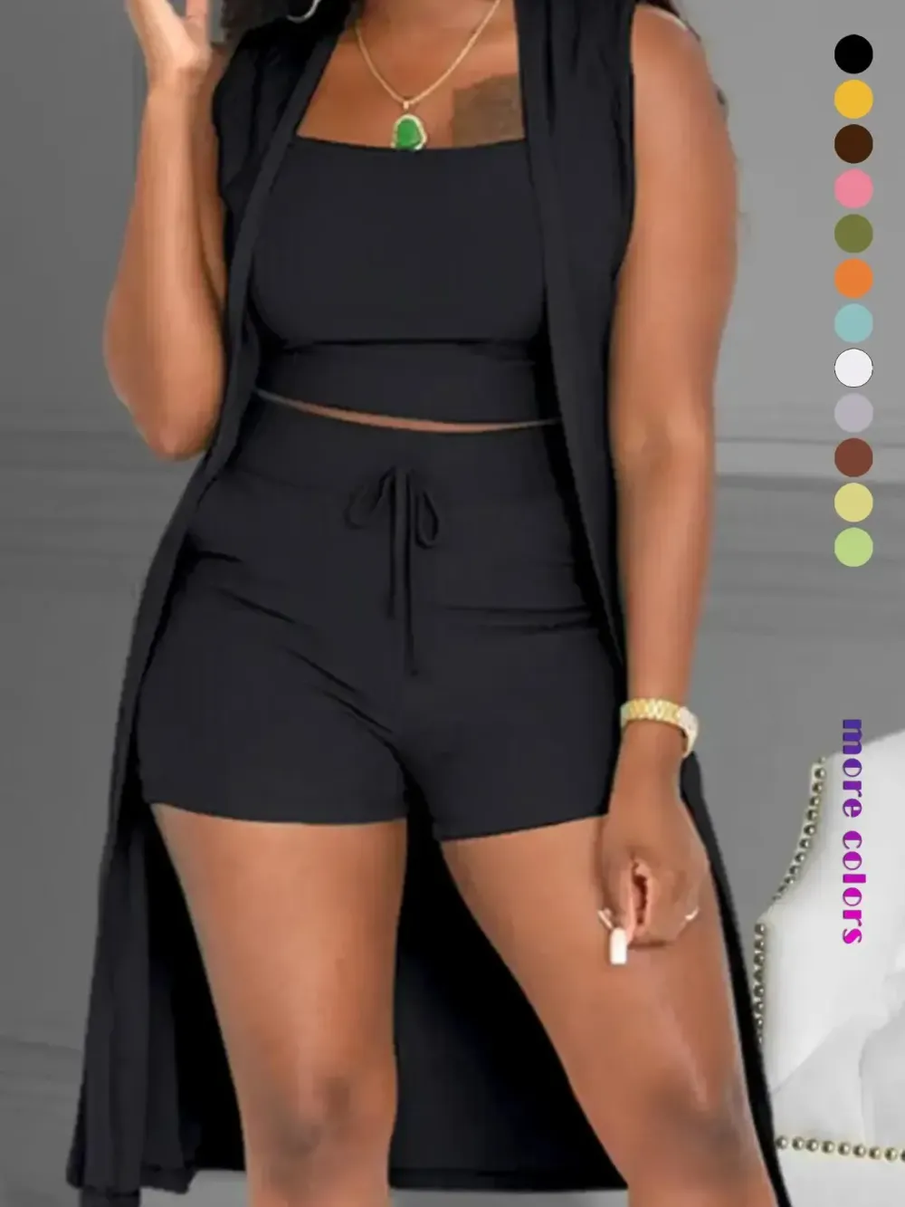 Three-Piece Set Women's Solid Ribbed Co-ord Set, Casual Crop Tank Top & Drawstring Waist Shorts & Vest Coat Set for Daily Wear