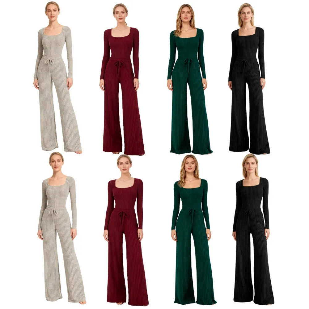 Women's Slim-Fit Solid Color Ribbed Fleece Jumpsuit Set