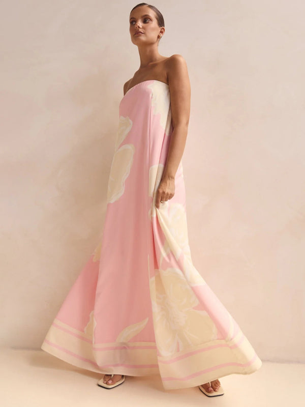 Sexy strapless off-shoulder pink printed dress