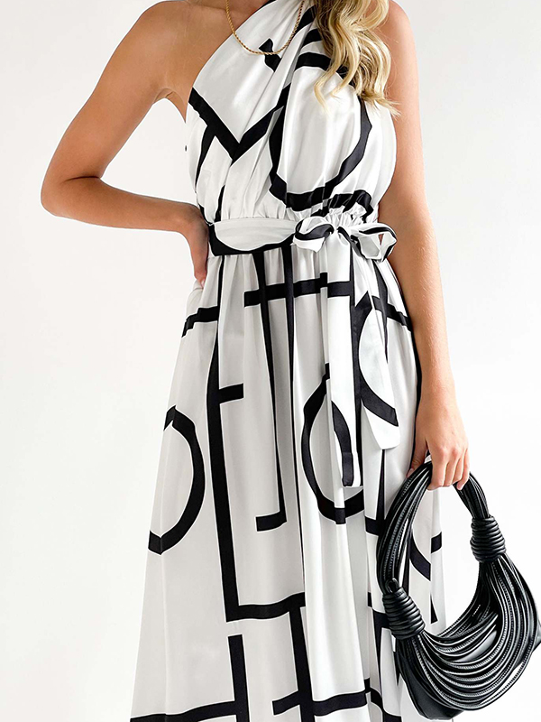 Bandage Contrast Color Hollow Printed Loose Sleeveless One-Shoulder Midi Dresses