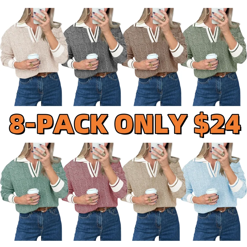 Womens V Neck Knit Sweater Color Block Long Sleeve