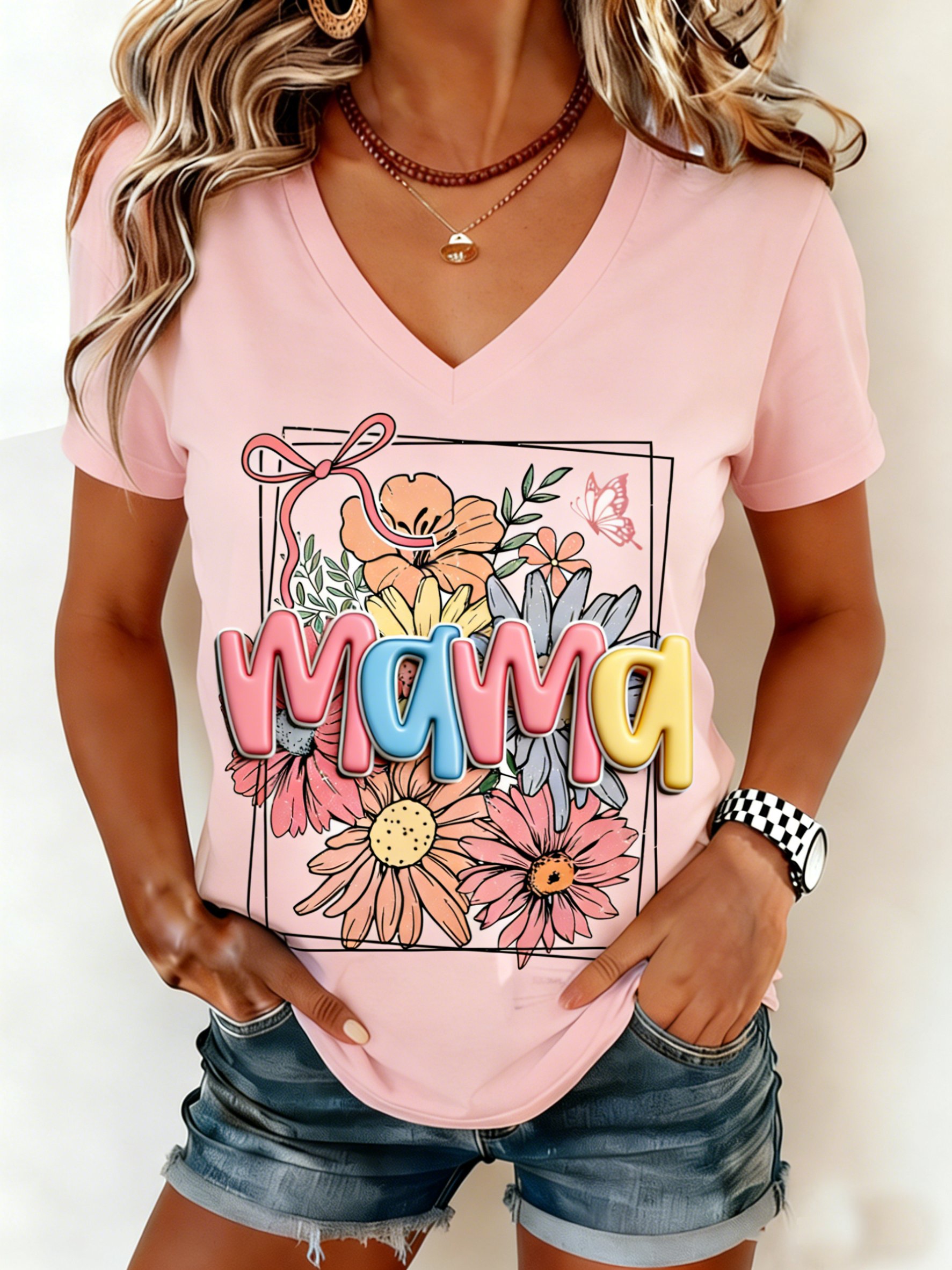Mother's Day 3D Printing Letter Pattern Floral Short Sleeve V Neck Loose  Casual T-Shirt