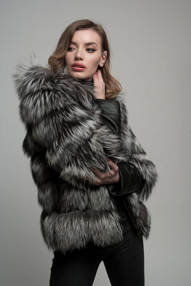Haină din Blană Naturală de Vulpe, cu Glugă, Femei, Grey Frost 253
