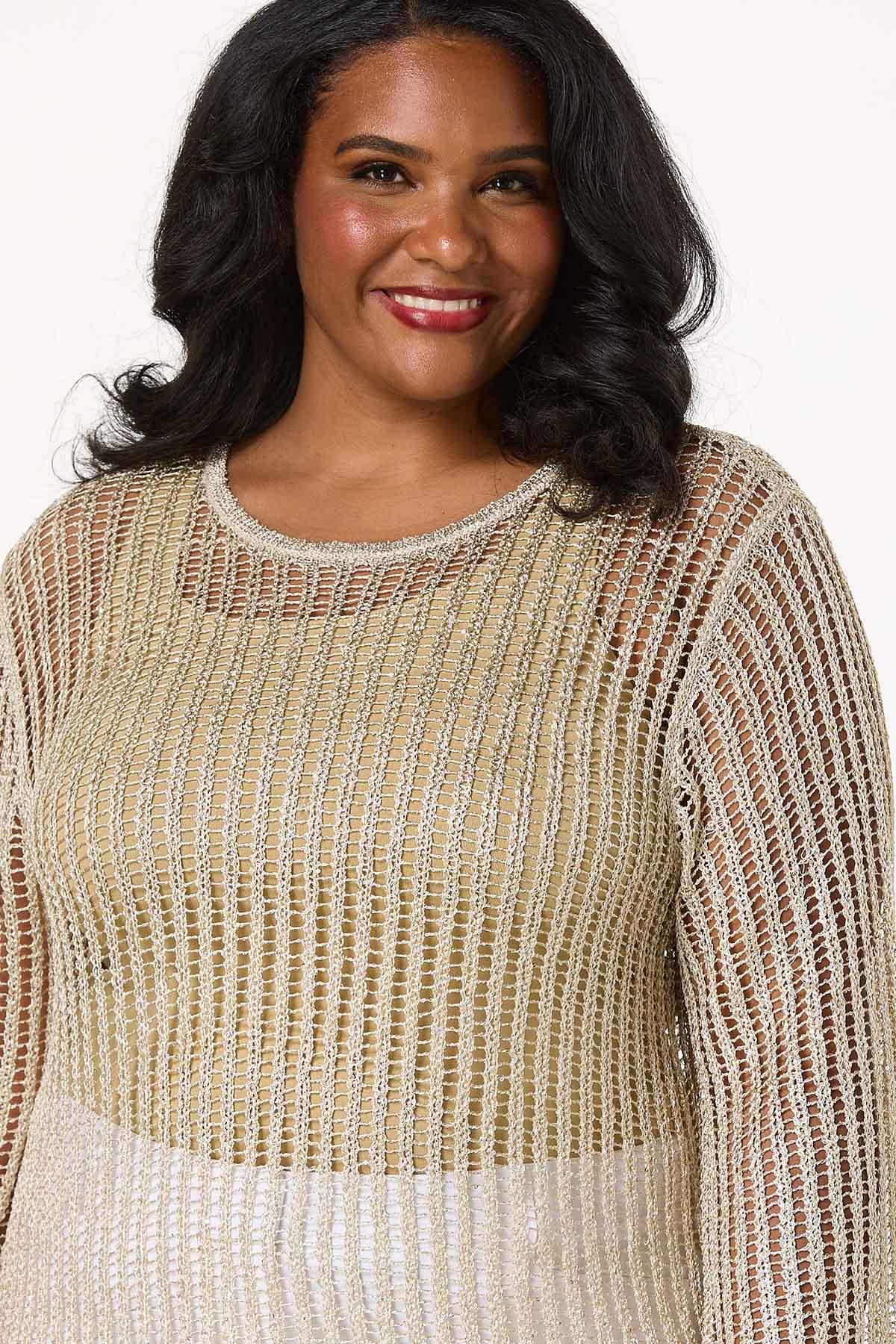 Plus Size Open Knit Sequin Yarn Sweater