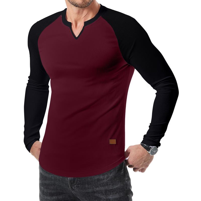 Men’s Ribbed V-Neck Long Sleeve Casual Tee