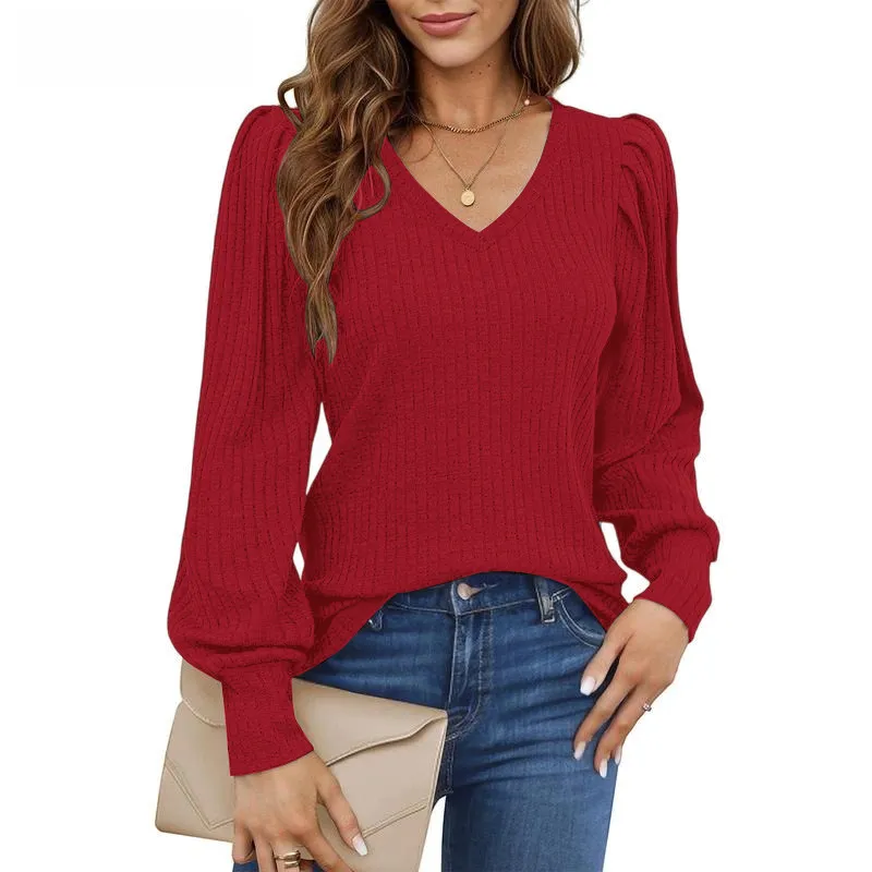 Women's Knit Shirt Soft Puff Long Sleeve Blouse Tops