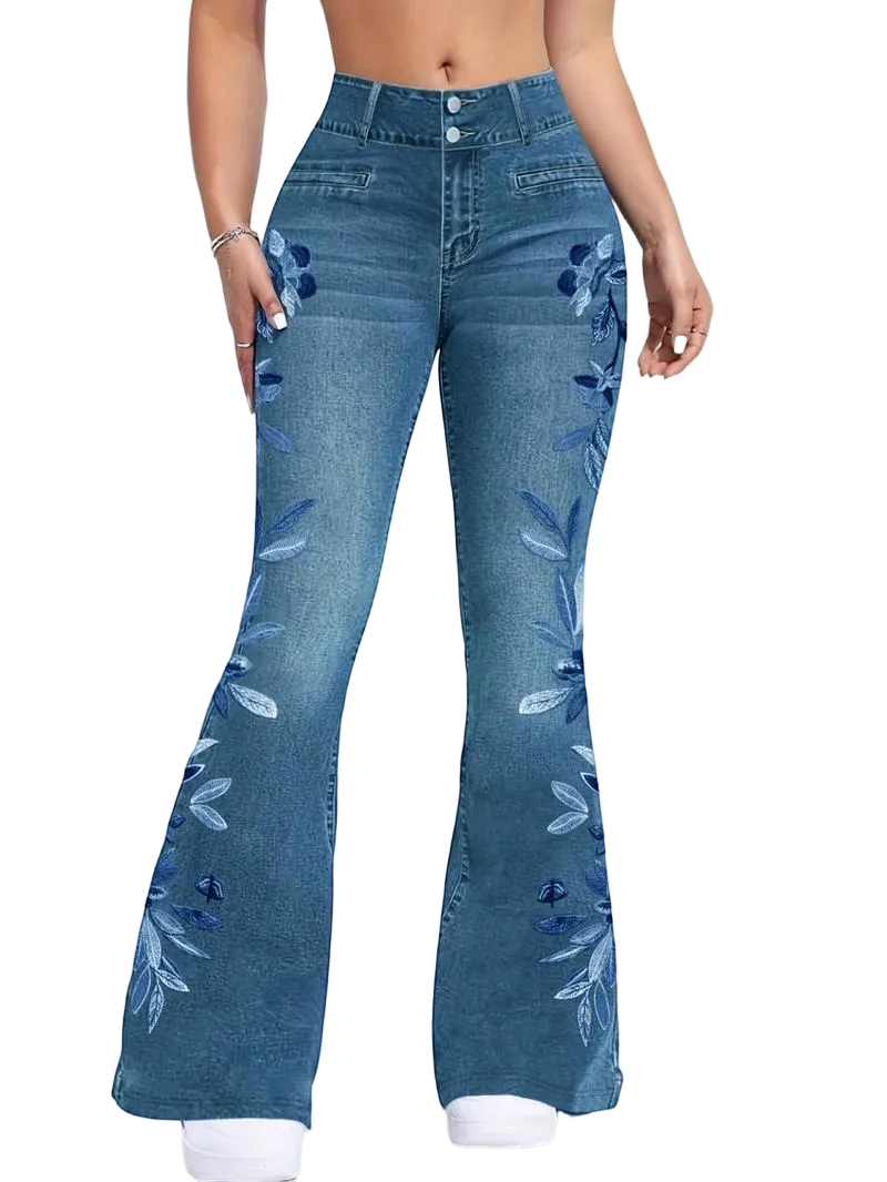 Women's denim printed flared pants