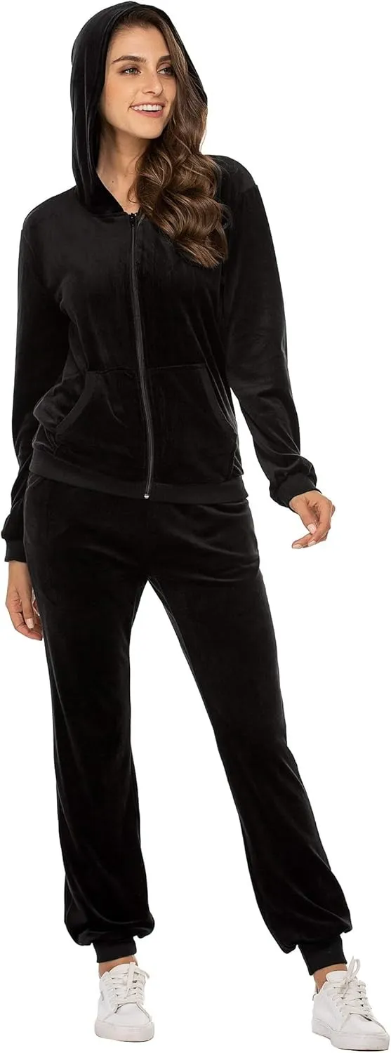 Women's Casual Velour Tracksuit Set Full Zipper Hoodie