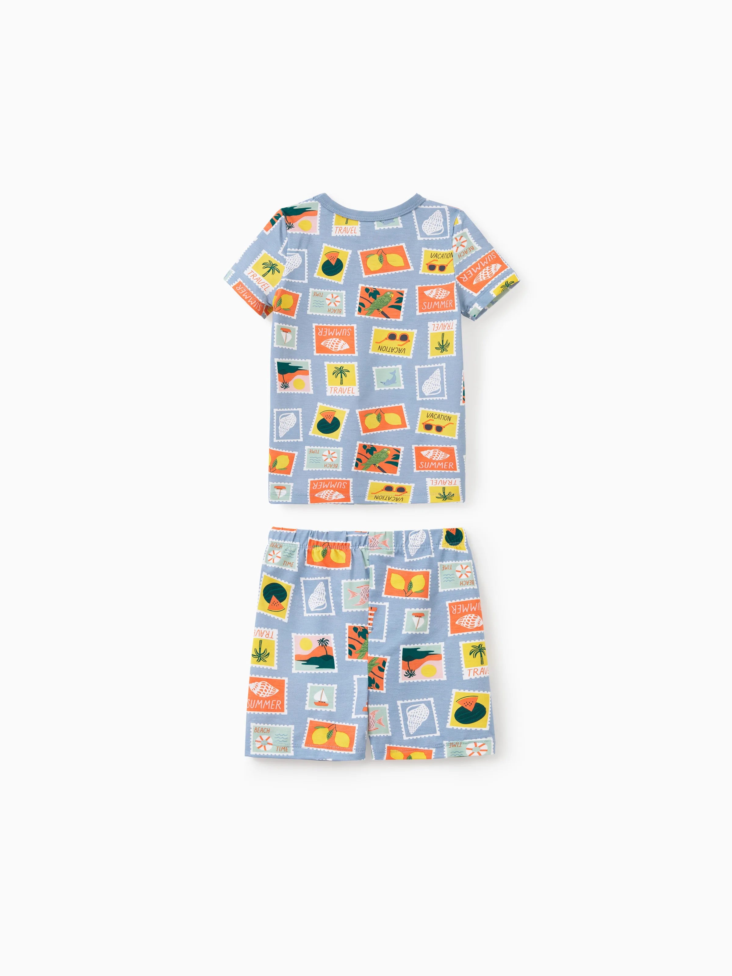 Bamboo Family Pajamas Vacation Theme Print Short-sleeve Matching Pajama set (Snug-Fitting for Children) Color block