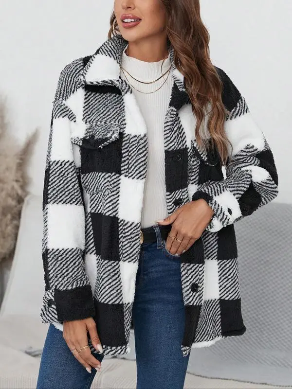 Women's Plaid Print Button Front Fuzzy Coat Plaid Jacket, Casual Drop Shoulder Long Sleeve Collared Outerwear for Fall & Winter, Ladies Clothes for Daily Wear