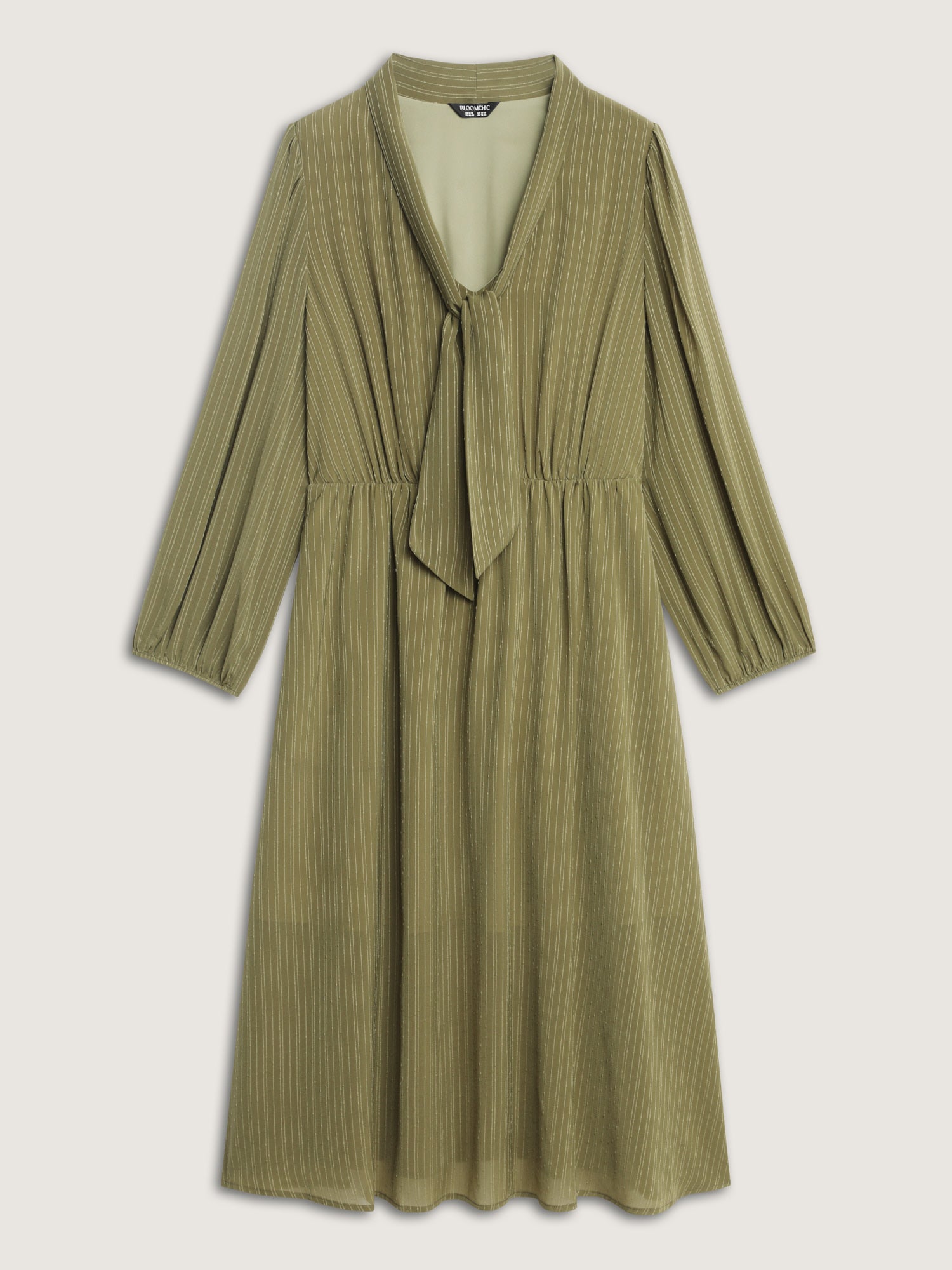 Ribbon Neckline Puffy Sleeve Midi Dress