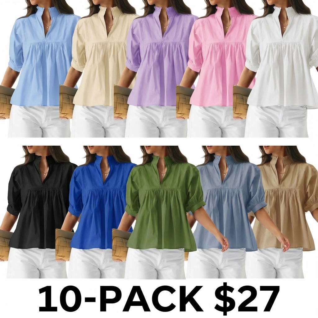 Women's V Neck Puff Sleeve Blouse – Babydoll Peplum Loose Fit Top