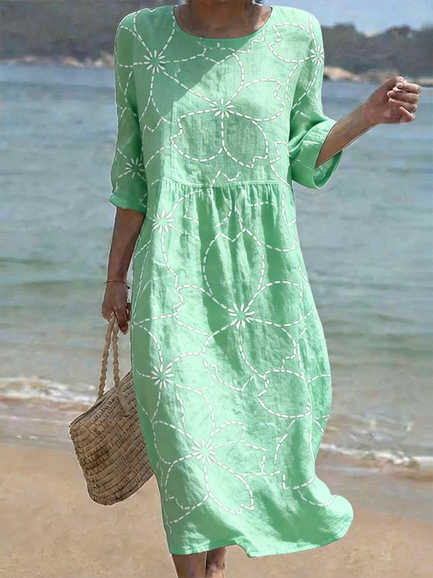 Women's Casual  Round Neck Mid Sleeve Print Cotton and Linen Dress- Fast Shipping
