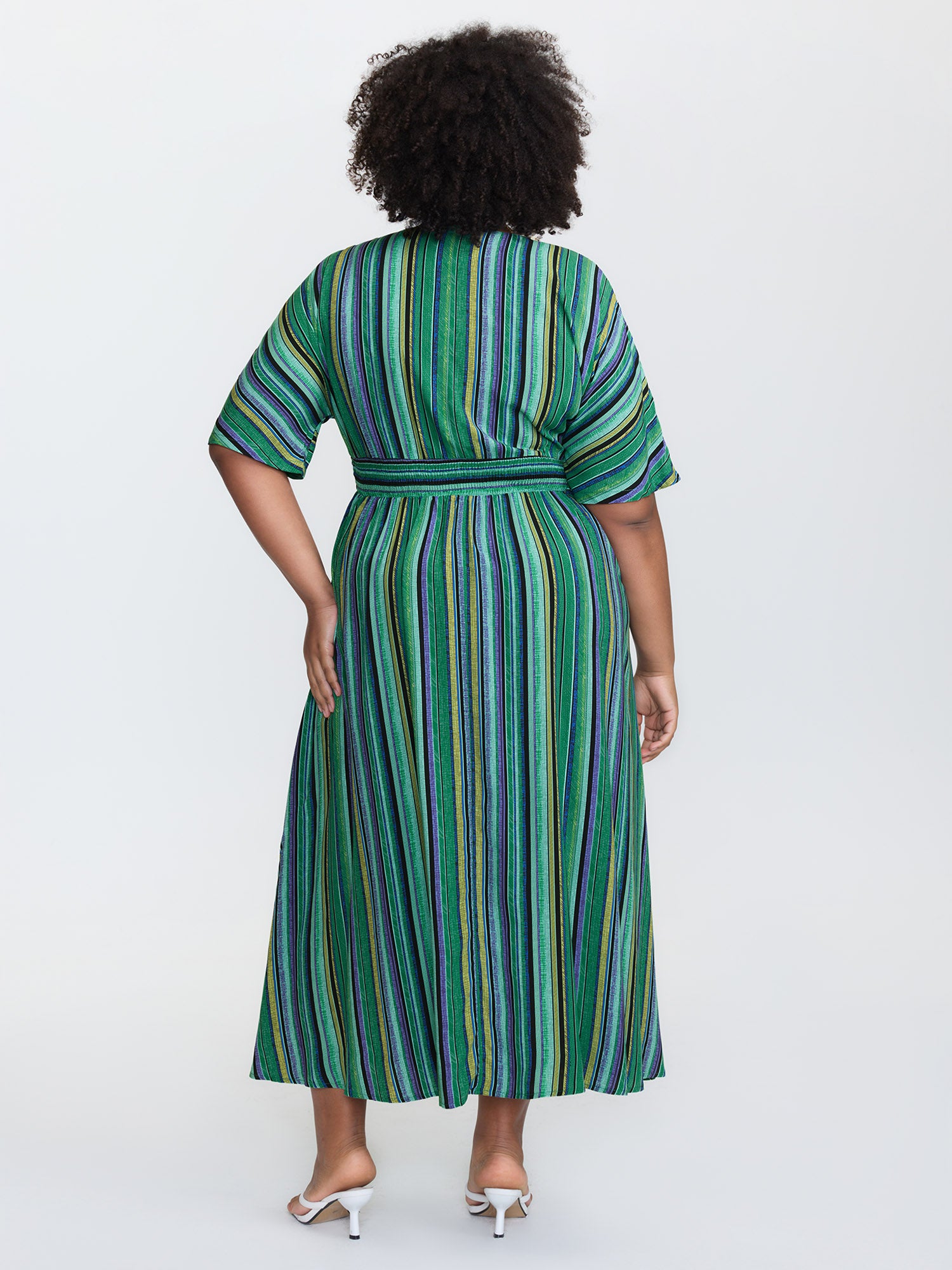 Striped Contrast Dolman Sleeve Shirred Pocket Split Flutter Dress